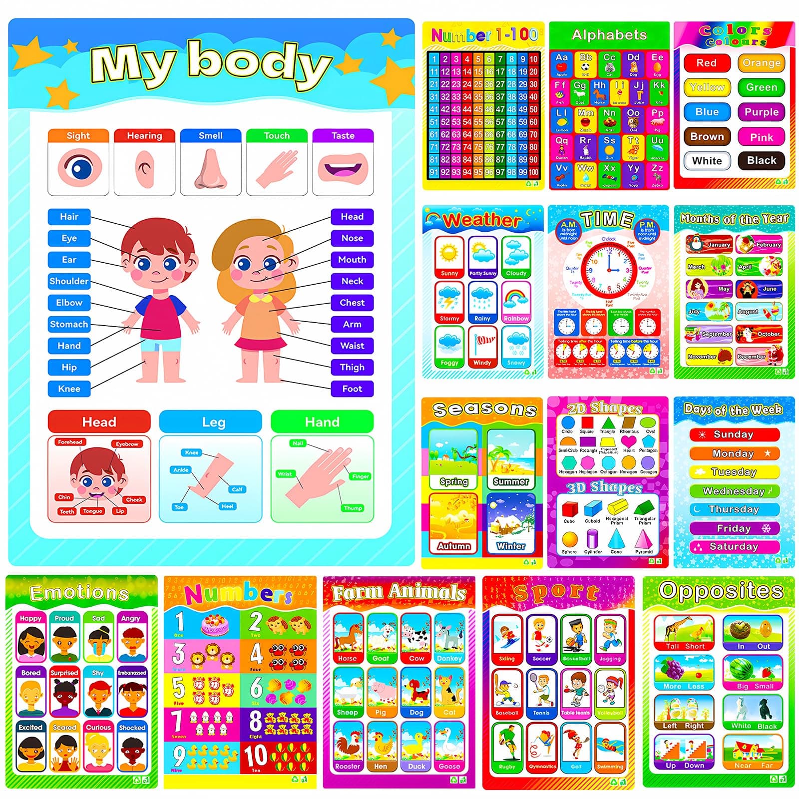 Educational Posters for Preschool Kids Classroom Learning Alphabet Numbers Shapes Colors Laminated Poster Chart Set 15 Pack