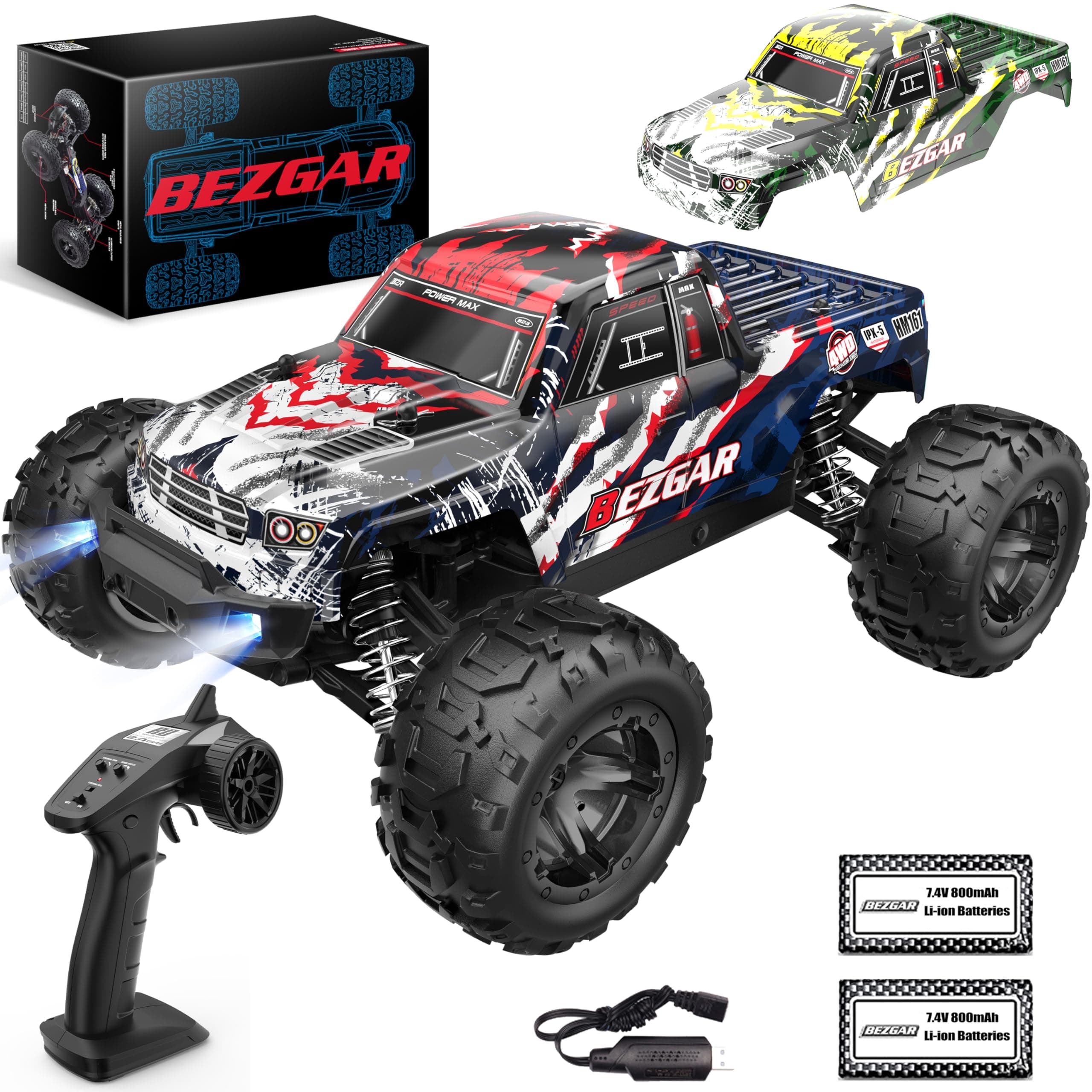 HM161 Hobby Grade 1:16 Scale Remote Control Truck, 4WD High Speed 40+ Kmh All Terrains Electric Toy Off Road RC Vehicle Car Crawler with 2 Rechargeable Batteries for Boys Kids and Adults