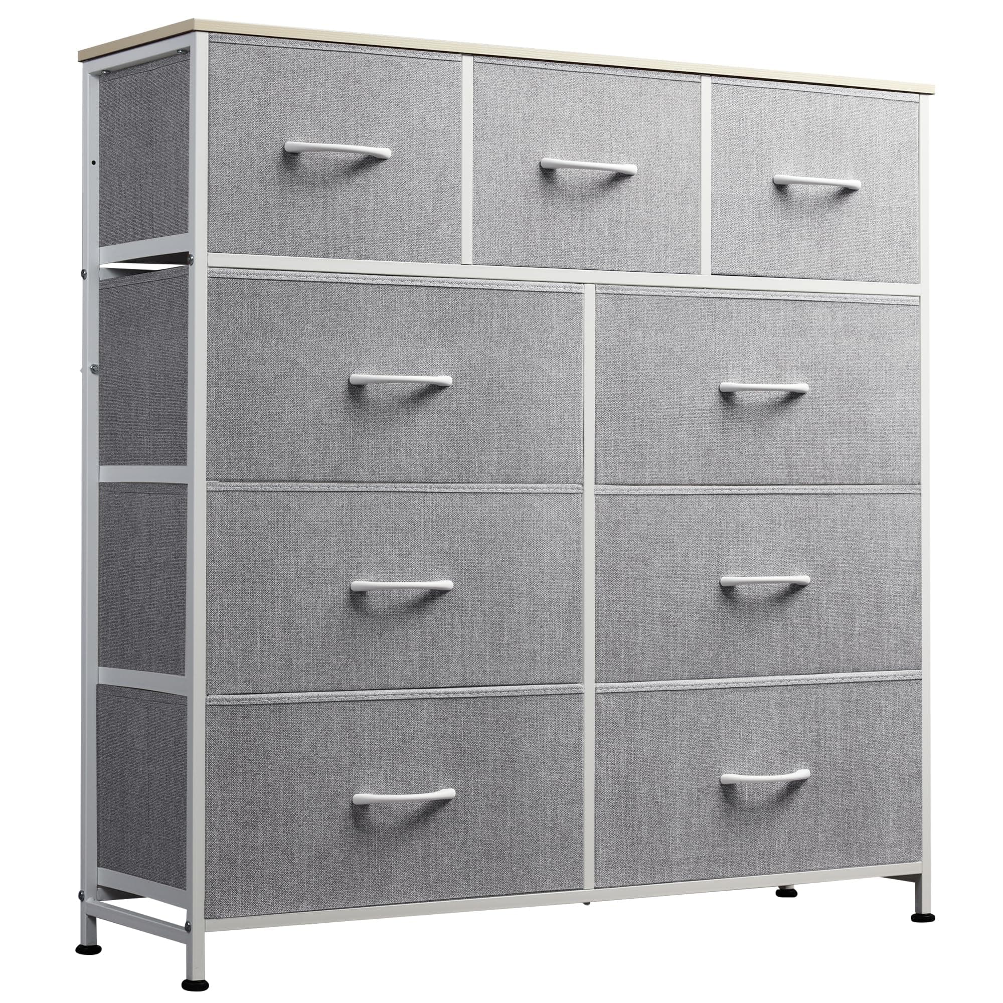 WLIVE 9-Drawer Dresser, Fabric Storage Tower, Chest of Drawers for Bedroom, Hallway, Closet, Tall Chest Organizer Unit for Bedroom with Fabric Bins, Steel Frame, Wood Top, Easy Pull Handle, Light Grey