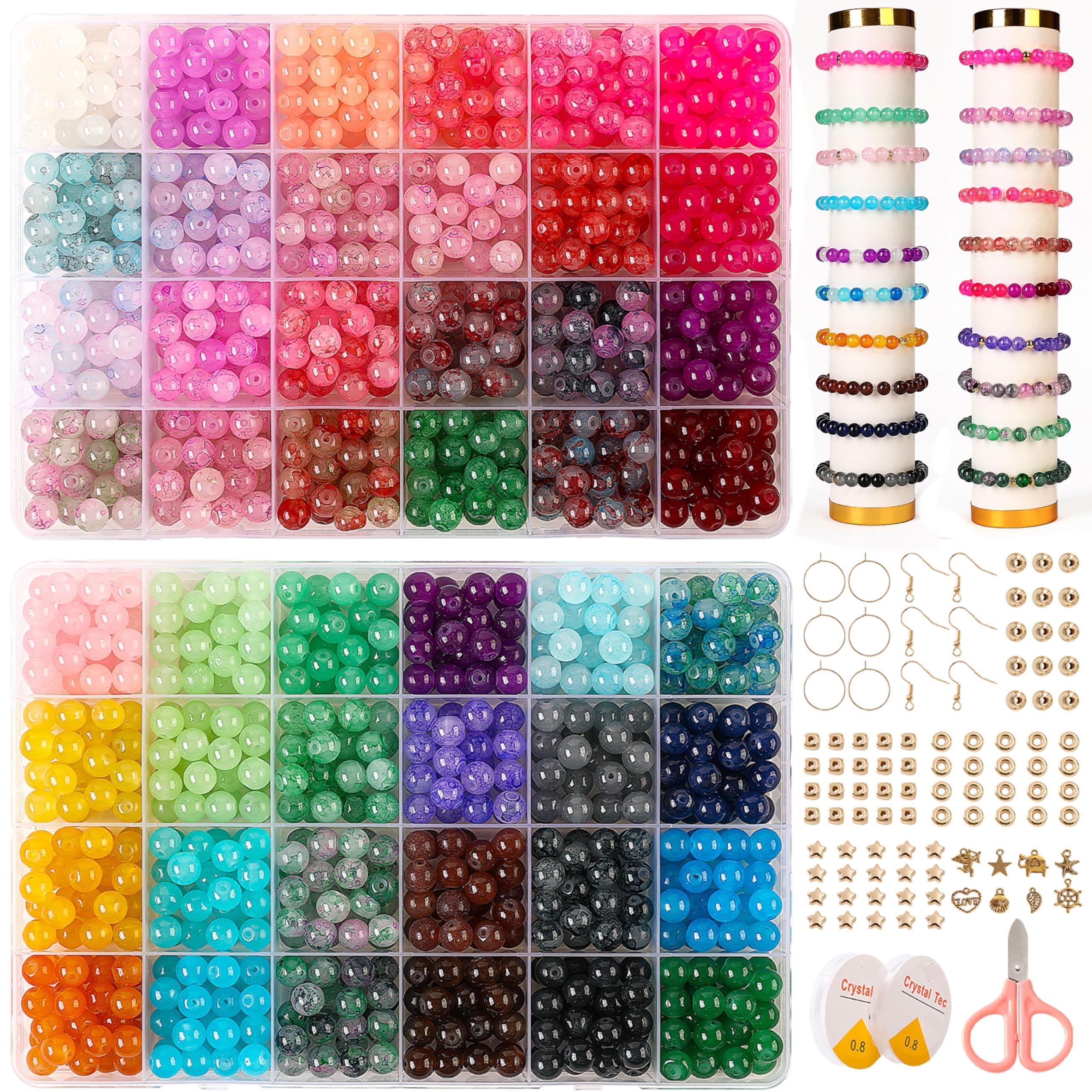 Glass Beads for Jewelry Making, 1400pcs + 8mm 48 Colors Round Glass Beads Bracelet Making Kit DIY Crafts Beads Kits for Girls Ages 6-12 Years Old Gifts (Glass)
