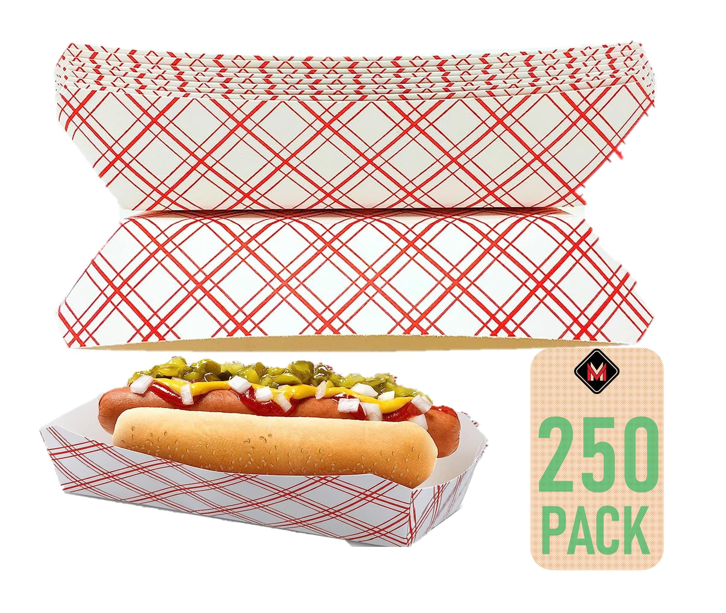 7 Inch Paper Hot Dog Tray in Red White Pattern. Pack of 250. Disposable, Recyclable and Fully Biodegradable. Made in USA