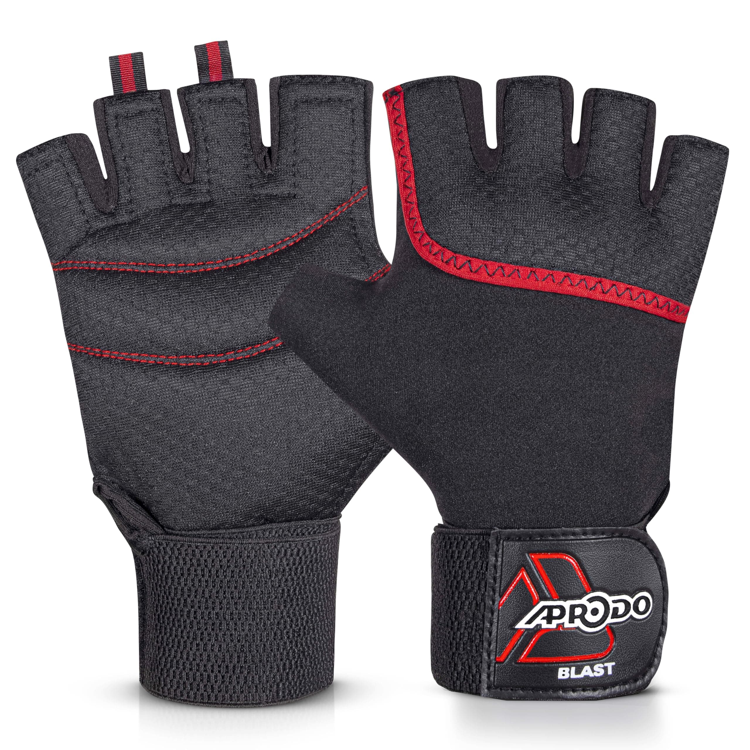 Aprodo Neoprene Half Finger Workout Gym Gloves with Wrist Support Strap | 1 Pair - Free Size (Red-Black) | Fitness Gloves with Breathable Non-Slip Grip | Wrist Band for Dumbbell, Exercise