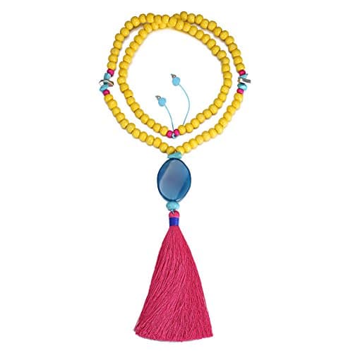 eManco Statement Yellow Wood Bead Chain Necklace with Blue Stone Tassel Pendant for Women Fashion Jewellery