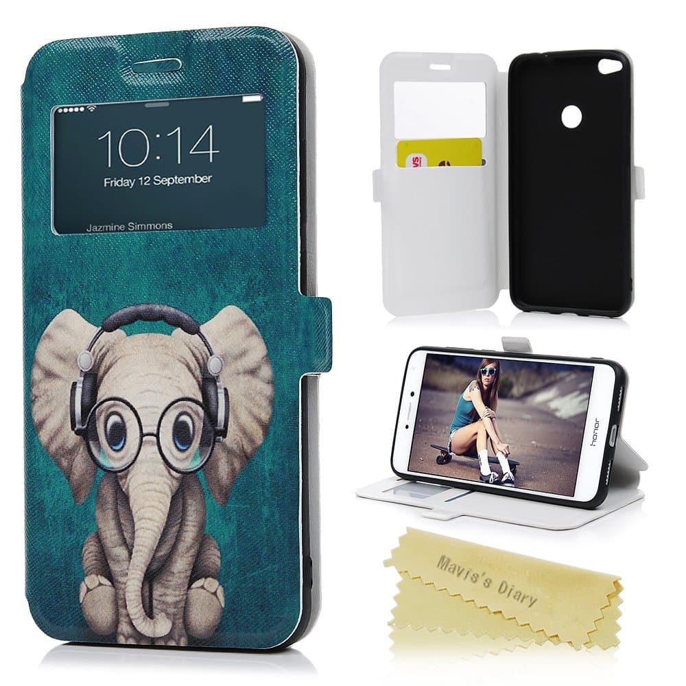 Mavis's Diary Huawei P8 Lite 2017 Case, Viewing Window Premium PU Leather Flip Case Wallet Cover Cute Patterns Colorful Painted With Card Slots Cash Pouch Fit For Huawei P8 Lite 2017 - Elephant