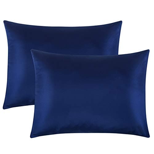 FLXXIE 2 Pack Zipped Satin Standard Pillowcases for Hair and Skin, Silky and Super Soft (20"x26") Zippered Satin Pillow Cases, Navy Blue, 20x26 Inches