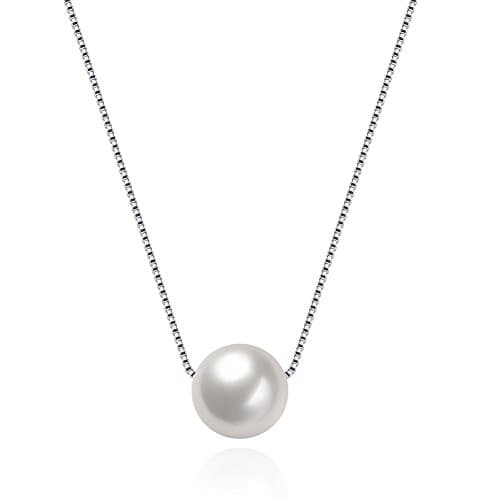 SWOPAN 925 Sterling Silver Pearl Pendant Necklace with 10MM Handmade Freshwater Cultured Pearl Pendant for Women Charms Collar Pendant Platinum Plated Fashion Jewelry
