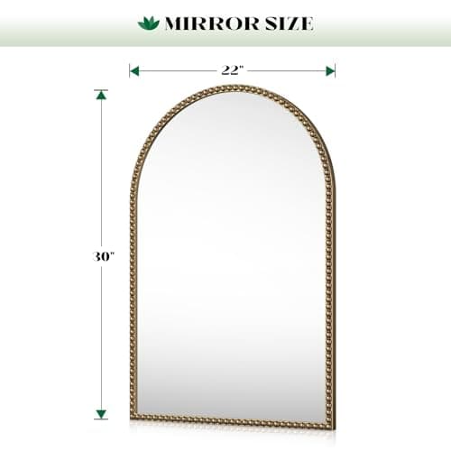 Beaded Arched Mirror for Wall, 22"x30" Gold Arch Bathroom Vanity Mirror, Retro Brass Metal Frame Decorative Mirror for Bedroom Dressing Room Entryway Fireplace
