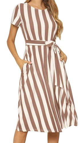 levaca Women's Short Sleeve Striped Casual Flowy Midi Belt Dress with Pockets
