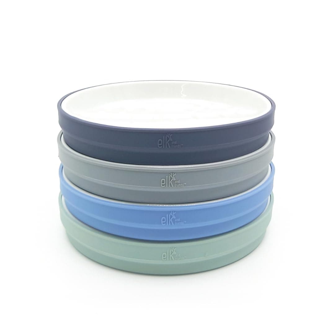 Kids 7.8” Porcelain White Plates with Silicone Sleeves | Suitable for Babies/Toddlers | Microwave & Dishwasher Safe | Non Slip Dinnerware | Snack Dishes | 4 Pack