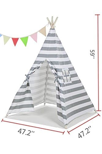 ABULU 6' Indoor Indian Playhouse Toy Teepee Play Tent for Kids Toddlers Canvas Teepee with Carry Case with Mat (Grey Stripe)