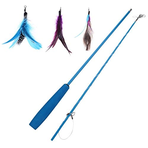 Aigou Cat Wand with Teaser Toys, Extra Long Stick Fishing Rod with 3 Piece Fun Teaser Refill Pack for Cat and Kitten