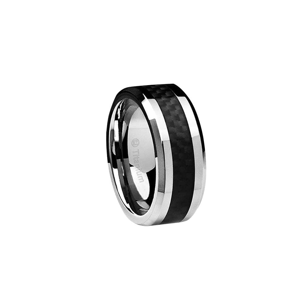 Cavalier Jewelers 10mm Sleek Titanium Wedding Band Comfort Fit Wedding Ring with Polished Finish – Lightweight Band for Men – Black Carbon Fiber Inlay Ring