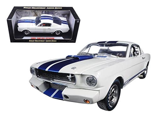 1965 Ford Shelby Mustang GT 350R White with Blue Stripes and Printed Carrol Shelby Signature on the Roof 1/18 by Shelby Collectibles SC168-1