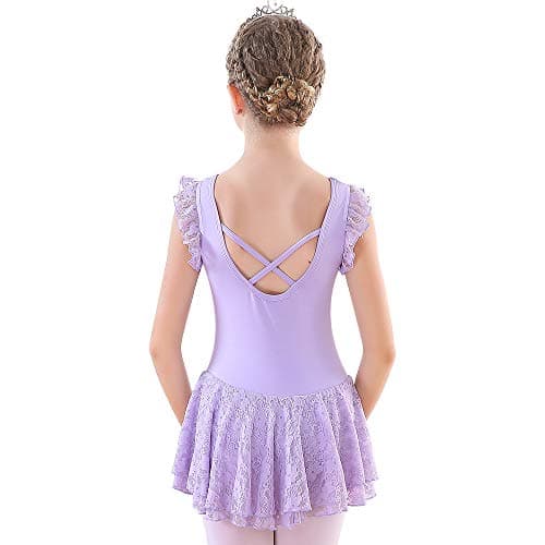 Soudittur Girls Ballet Leotard with Skirt Lace Dance Tutu Dress Ruffle Short Sleeve Purple for Toddler Girls 4-5 t
