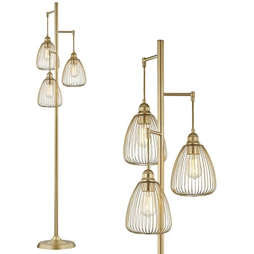 LeeZM Gold Industrial Floor Lamp for Living Room Modern Floor Lighting Rustic Tall Stand Up Lamp Vintage Farmhouse Tree Floor Lamps for Bedrooms, Office Torchiere Standing Lamp 3 Light Bulbs exclude