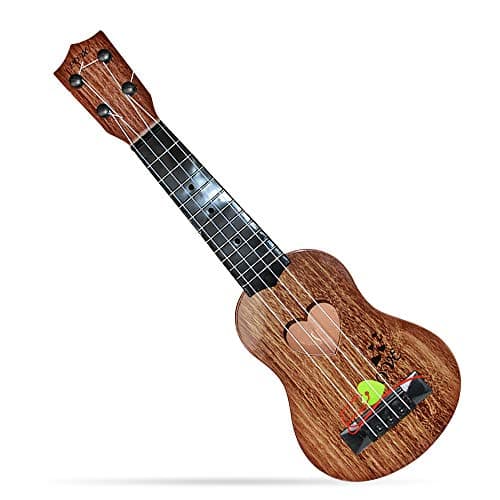 YASSUN Wooden Children's Mini Guitar Toy, Mini Four-String can Play Enlightenment Early Childhood Music Toy Guitar(Dark Brown)