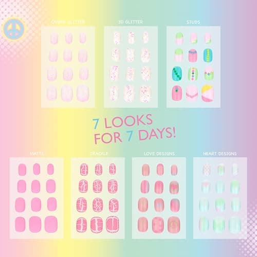 7 Day Manicure Collection - 84PC Press On Nail Set, Day-of-The-Week Adhesive False Nails for Girls (Set of Brights or Pastels) – Colorful Novelty Designs Stick On Nails for Kids