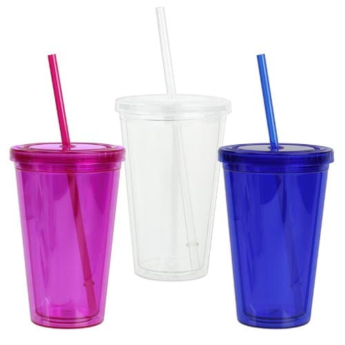 16 oz Acrylic Double Wall Cup with Straw - BPA-Free - Choose from Blue, Pink, or Clear