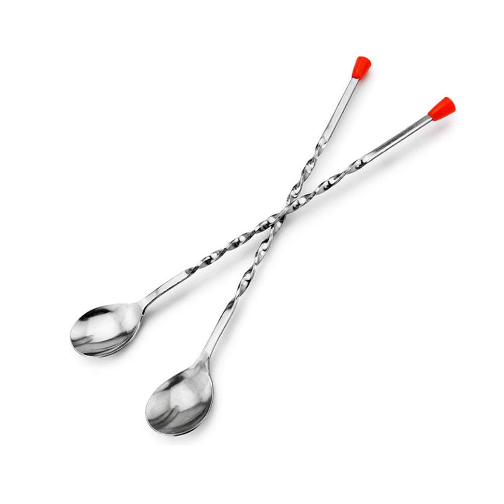(Set of 2) 11-Inch Stainless Steel Bar Spoon with Red Knob, Long Handle Twisted Mixing Spoon