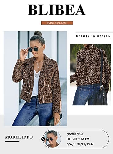 Blibea Women's Suede Motorcycle Jacket Zipper Slim Short Biker Warm Coats Large Leopard