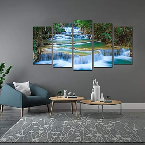 Dreamlike Waterfall Canvas Print Picture for Living Room Decoration Stretched XLarge 5 Panels Painting Wall Art Print on Light Green Canvas- High Definition Modern Home Decor