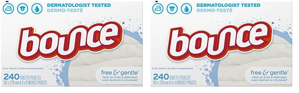Bounce Free & Gentle Dryer Sheets, 240 Sheets, Unscented Fabric Softener Sheets, Hypoallergenic and Dermatologist Tested (Pack of 2)