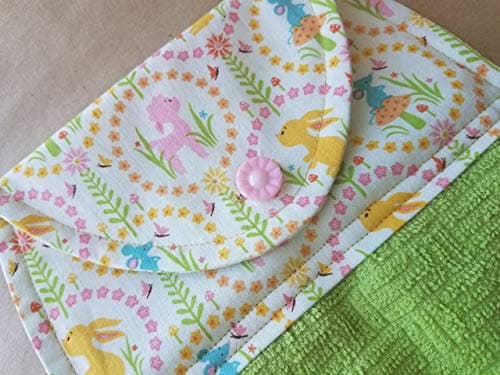 Woodland Themed Hanging Kitchen Towel, Spring Green Button Top Dish Towel, Lamb, Butterfly, Mushroom, Bunny, Flowers, Mouse, Whimsical Hostess Gift, Mothers Day Gift, Pastel Kitchen Linens