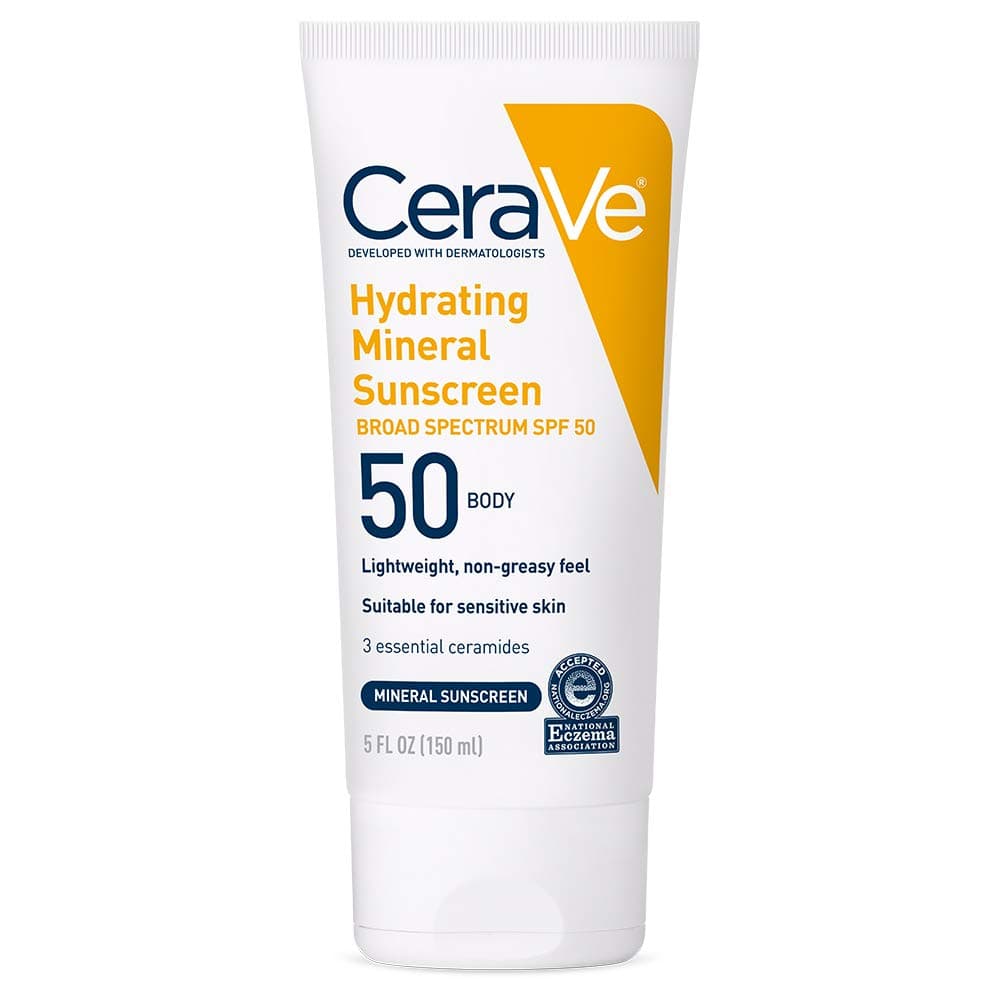 CeraVe 100% Mineral Sunscreen SPF 50 Body Sunscreen with Zinc Oxide & Titanium Dioxide for Sensitive Skin 5 oz, 1 Pack, 5 Fl Oz (Pack of 1)