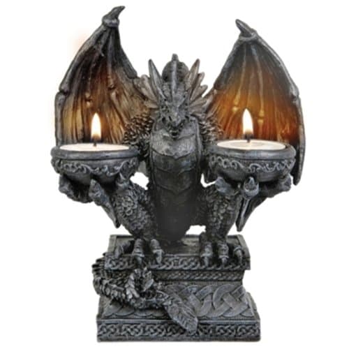 Stone Effect Dragon Double Candle Holder Ornament Gothic Gift Statue Home Decoration 20 cm