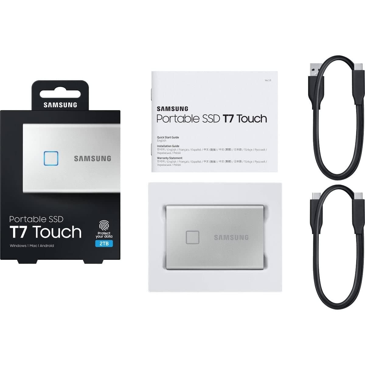 Samsung T7 Touch Portable SSD - 2 TB - USB 3.2 Gen.2 External SSD Metallic Silver (MU-PC2T0S/WW)