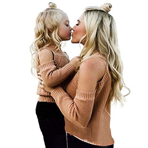 Matching Family Outfits, Mommy and Me Shirts for Women Toddler Girls Cold Winter Off-Shoulder Orange Sweater