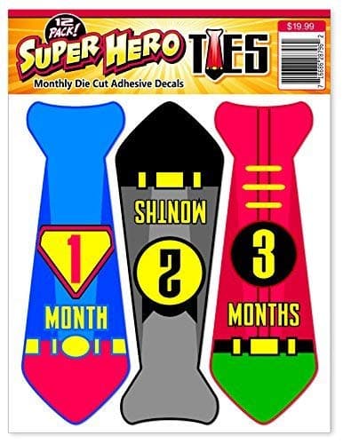 Month Stickers for Baby Boy | Super Hero Neck Tie | Use Photo Prop, Wall Decor or Shower Gift | First Year Growth Monthly Milestones Professional Decal Set for Onsies