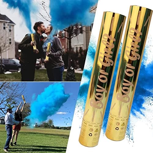 EcoVerse Gender Reveal Cannon - Mixed Blue and Pink 100% Biodegradable Smoke Powder With Confetti for Baby Shower (2 Gold Colour Cannon - Blue Confetti)