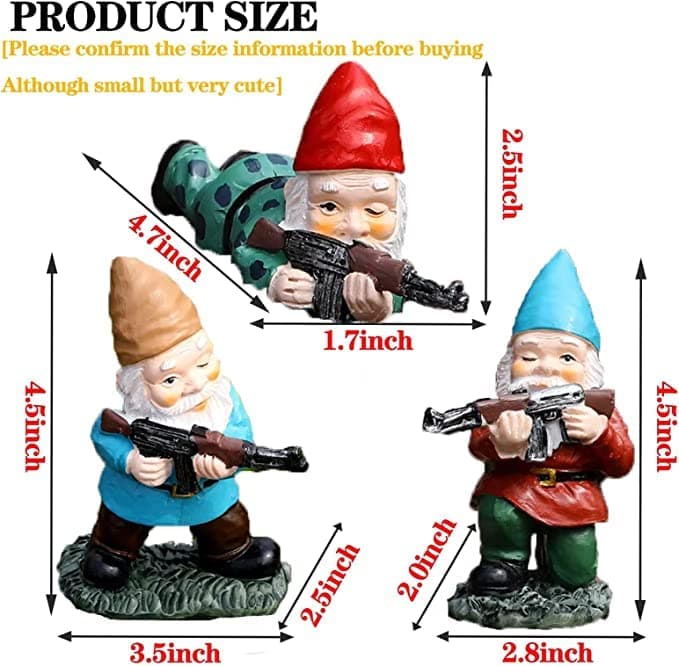 Garden Gnomes, 4.5inch Gnome Statues, Military Gnome with Gun, Funny Army Gnomes Decorations for Yard, Indoor Outdoor Halloween Christmas Thanksgiving Gifts (Red+Yellow+Blue)