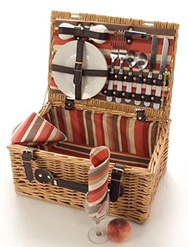La Roca 2 Person Wicker Picnic Hamper Red By, Wicker Picnic Basket, With Ceramic Plates, Glasses And Cutlery