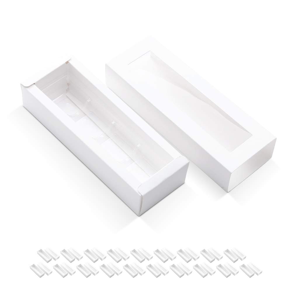 20 Truffle Boxes, Chocolate Boxes, White Candy Boxes with 4-Piece Plastics Tray (Tray Size with 5.75x1.25 Inches), Pull Out Packing with Clear Window Sleeves, White