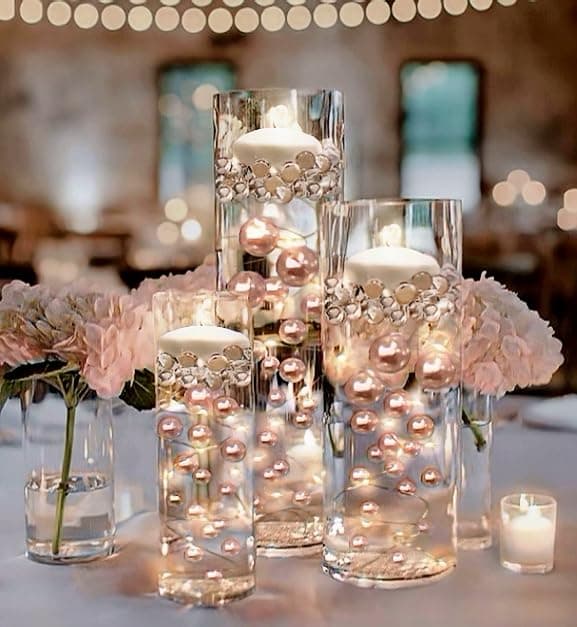 300 'Floating' Rose Gold Pearls - No Hole Jumbo/Assorted Sizes Vase Decorations-Fills 4 Gallons of Transparent Gels for Floating Effect-with Measured Floating Gels Prep Bags for Best Results!