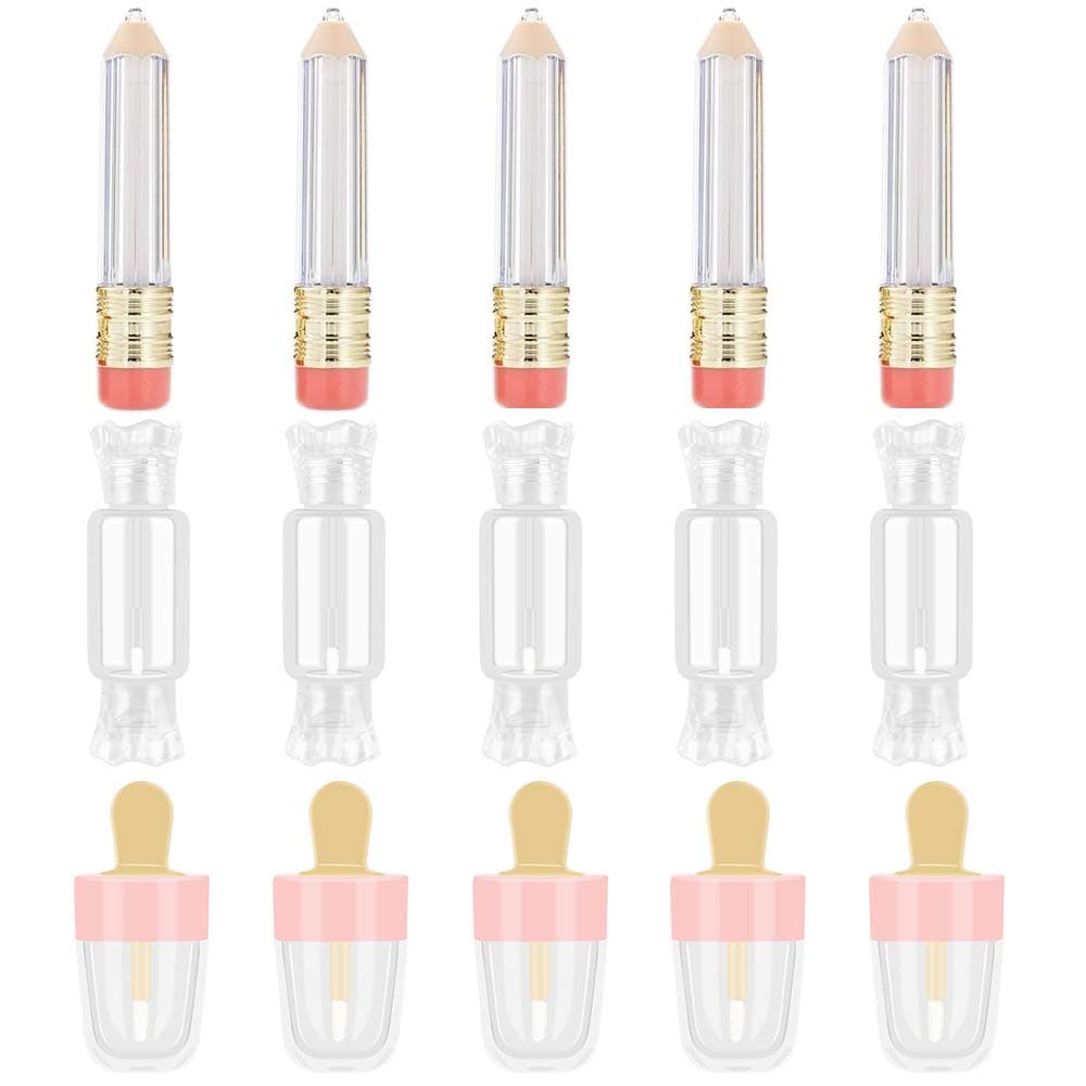 DKAF 15 Packs Novelty Empty Lip Gloss Tubes, Contain Pencil Pink Ice-cream Candy Shaped 3 Types Clear Lip Gloss Containers, Refillable DIY Lip Glaze Cosmetics Bottle