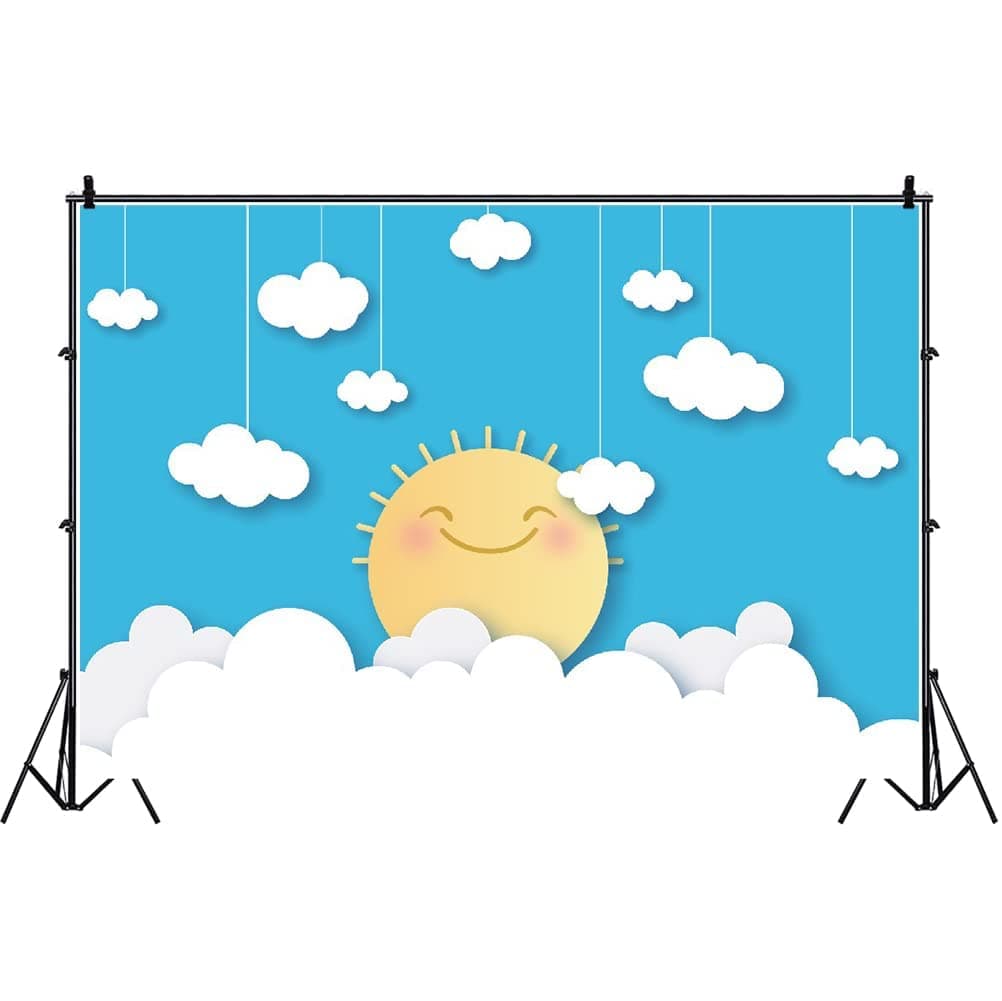Laeacco Baby Photo Backdrops 7x5ft Vinyl Photography Background Cartoon Cute Smiling Sun Hanging Clouds Blue Sky Kids Baby Shoot Newborn Baby Birthday Party Decoration Cake Smash Kids Room Decoration