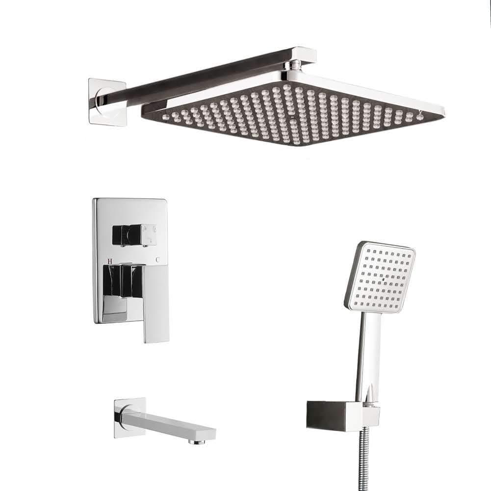 Youan Chrome Shower System with High Pressure Square Rainfall Shower Head, Handheld Shower head, Tub Spout Combo Set Wall Mounted Shower Faucet Rough-in Valve and Trim Kit (3 function)
