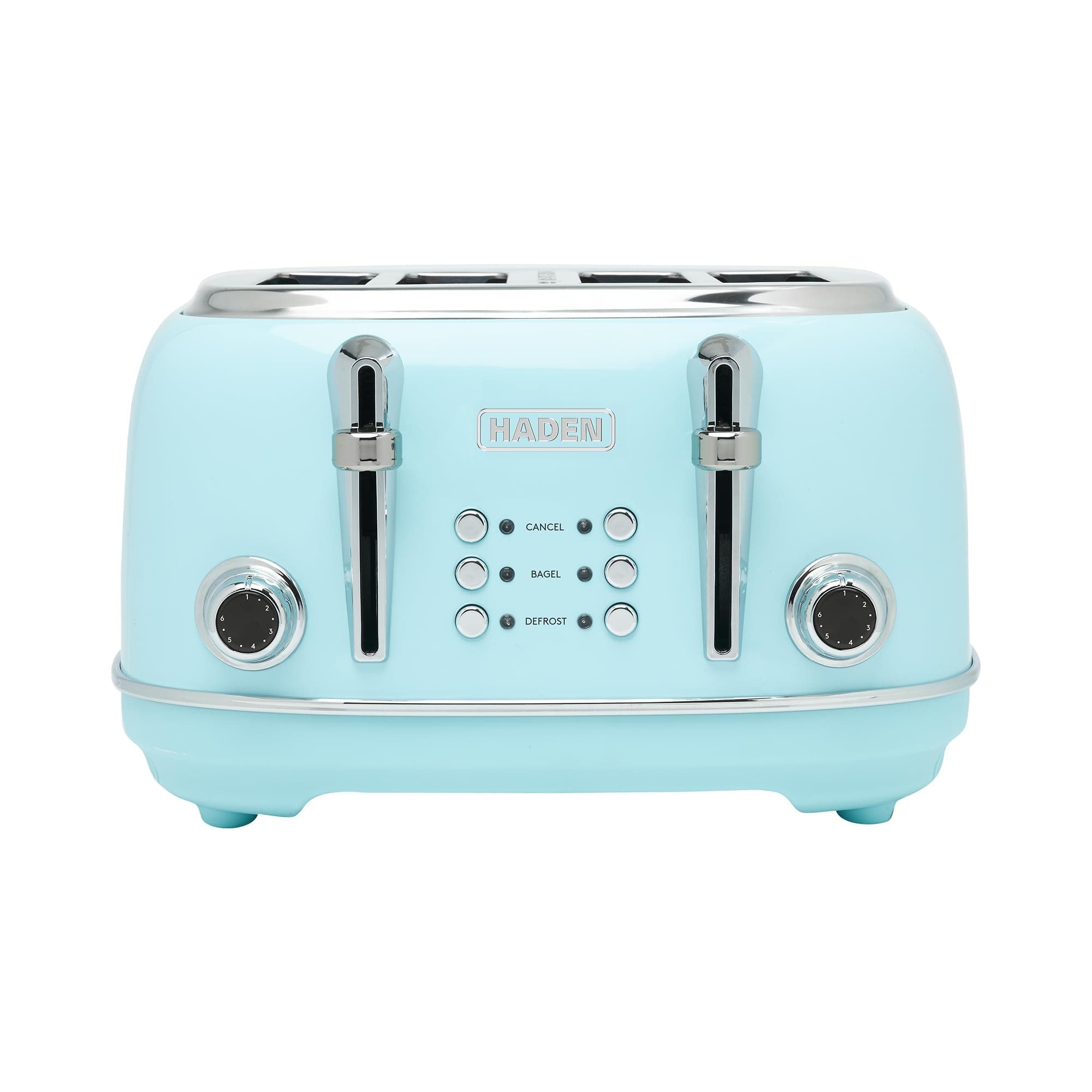 Haden Heritage 4 Slice Wide Slot Stainless Steel Toaster with Adjustable Browning Control & Non-Slip Feet, Turquoise & Chrome
