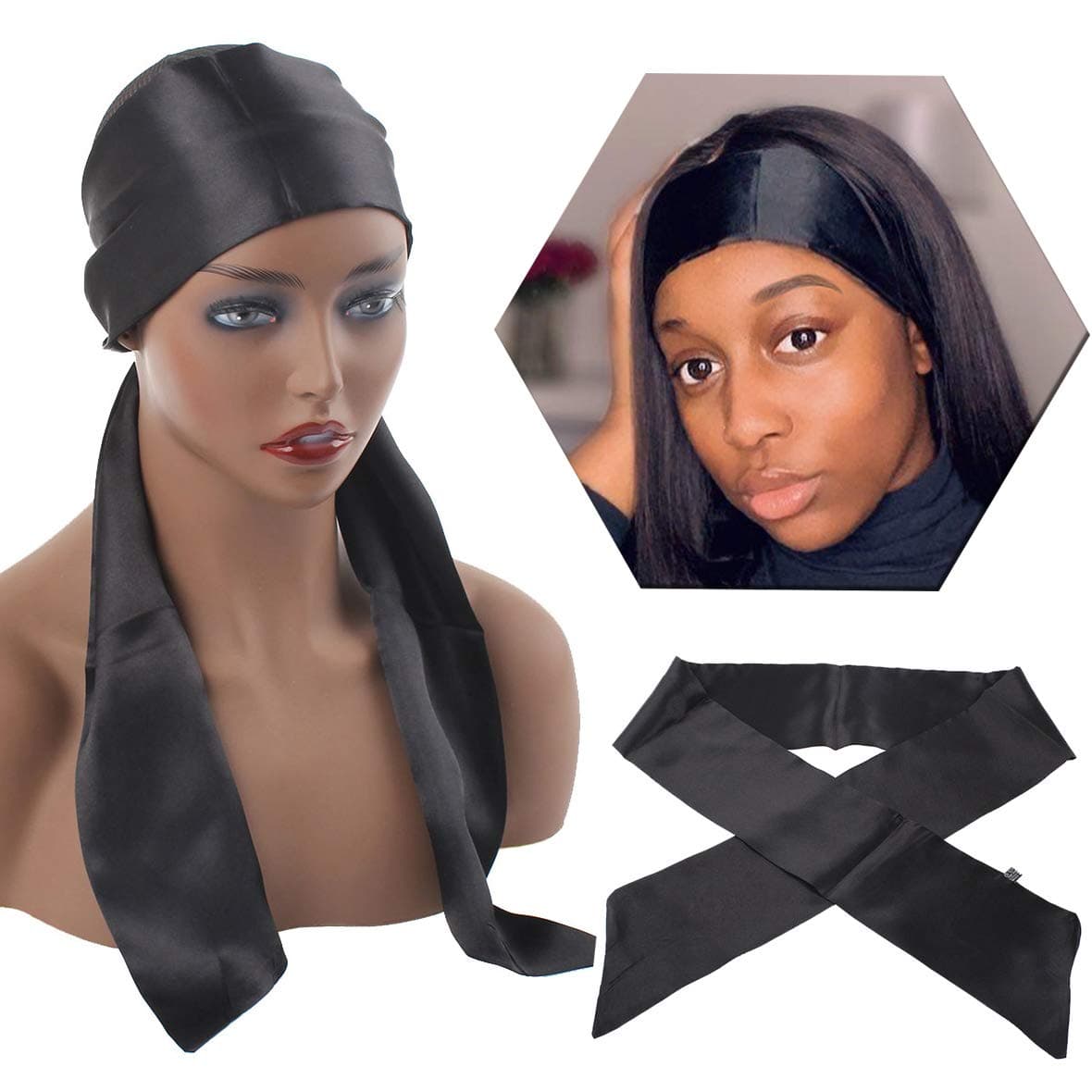 Xtrend Satin Edge Scarves for Wigs Grip Band Headband Soft Satin Edge Laying Scarf for Lace Front Wigs Keep Wig Secured Satin Headband for Yoga, Makeup, Facial, Sport (1 pcs, Black#)