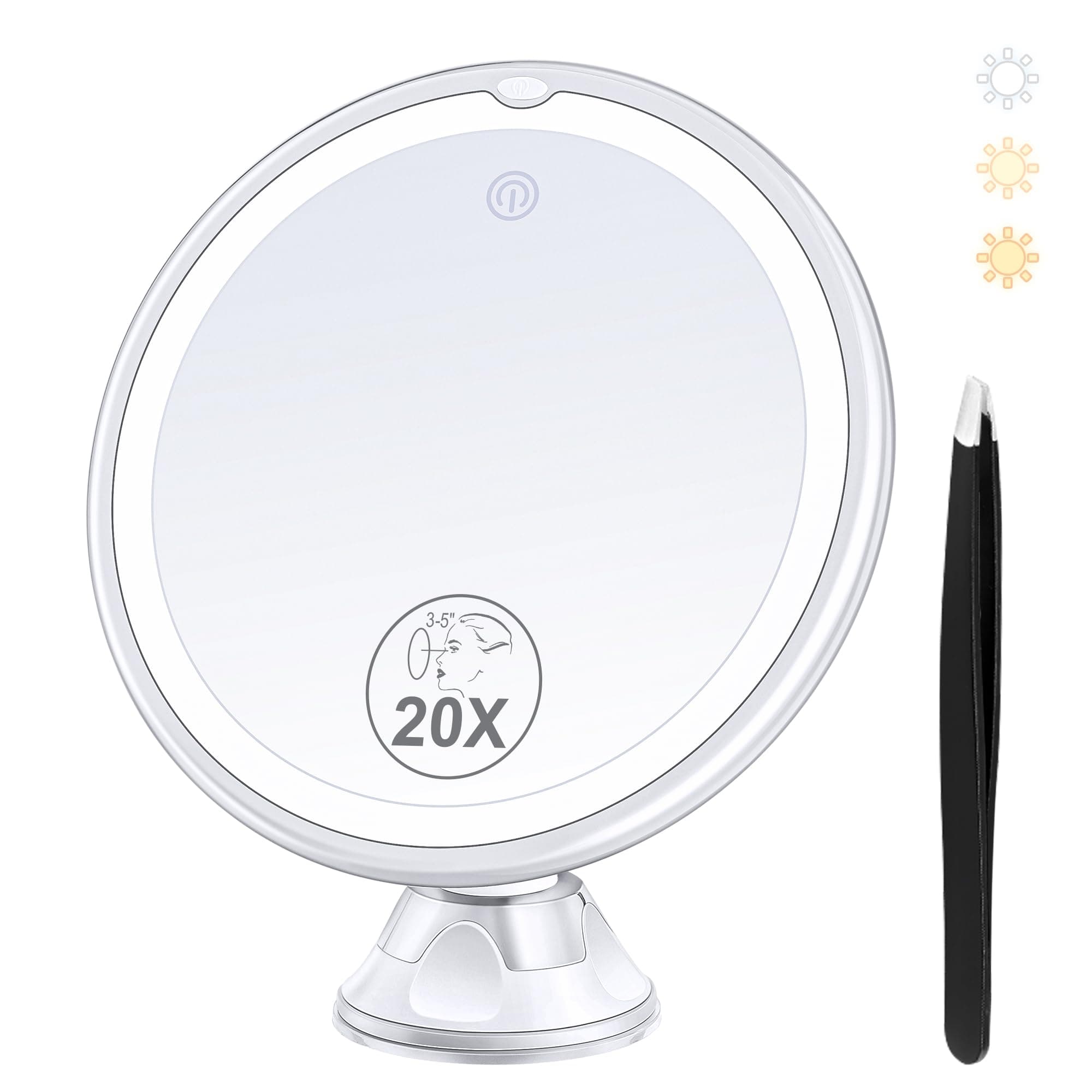 B Beauty Planet 2025 Upgraded Magnifying Mirror with Light, 20X Lighted Magnifying Mirror with Suction Cup and Tweezers, 3 Colors Vanity Mirrors, 360 Rotation, Makeup Mirrors with Lights 8 Inches