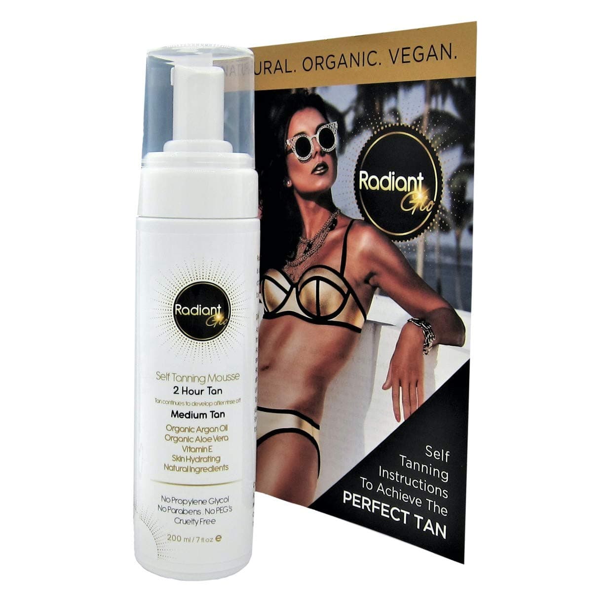 Self Tan Medium Mousse 200ml- 2 Hour Fast Safe Tanning - Natural Organic Vegan - Moroccan Argan Oil - No Nasty Ingredients +Achieve The Perfect Tan - Radiant Glo - Made In Australia
