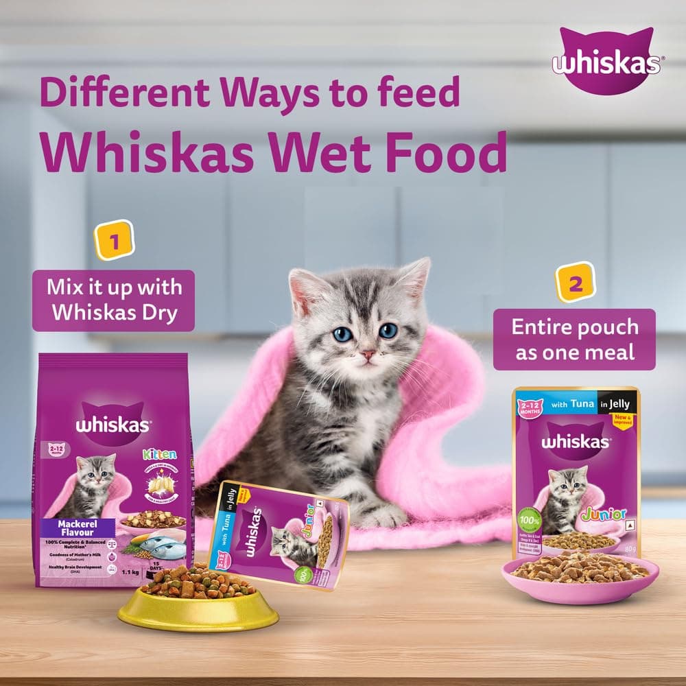 Whiskas Wet Food For Kittens (2-12 Months), Tuna In Jelly Flavour, 12 Pouches (12 X 85G), 1 Count