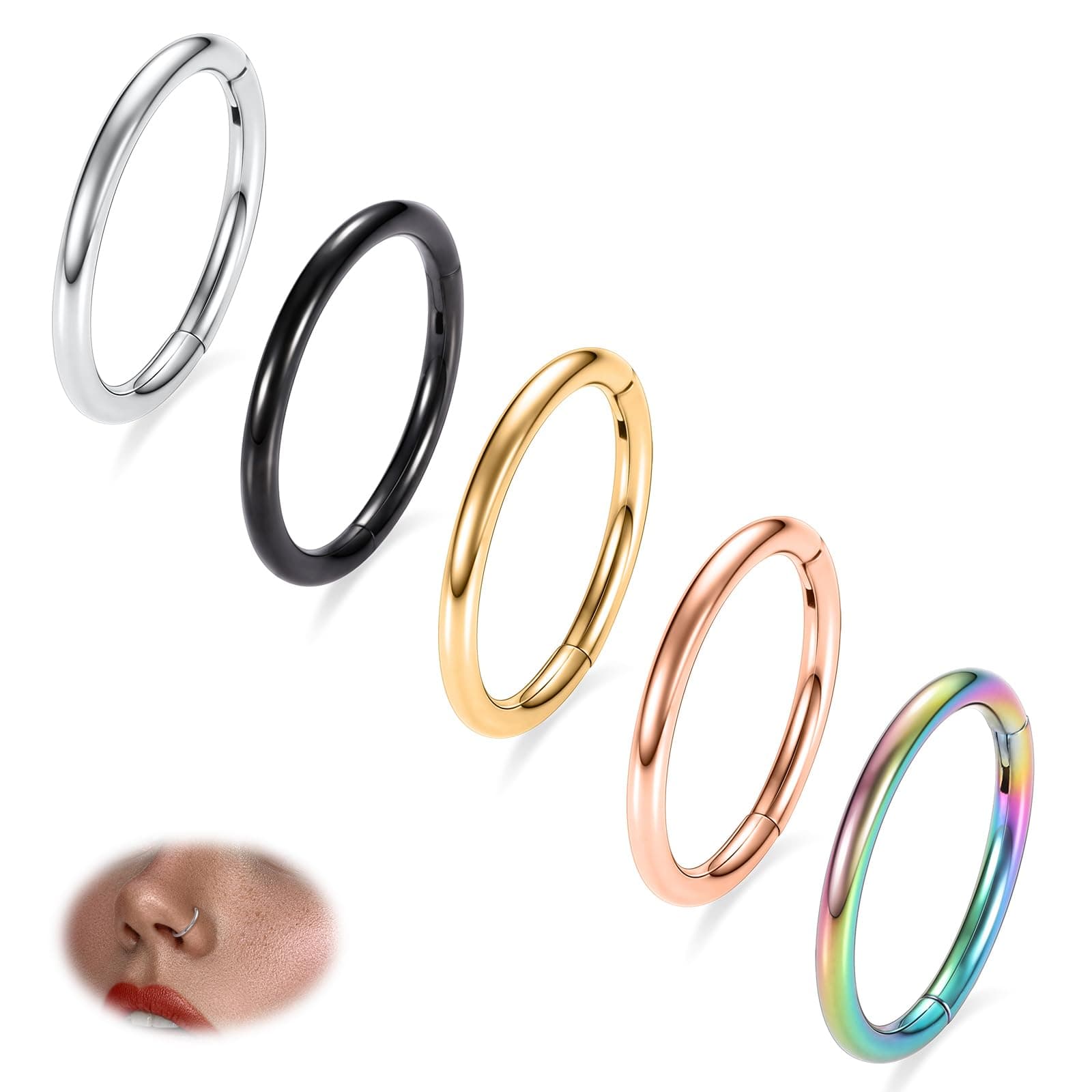 316L Hinged Segment Seamless Clicker Ring Nose Ring Hoop Septum Helix Conch Piercing Jewelry 5PCS Daith Lip Lobe Hoop Earrings
