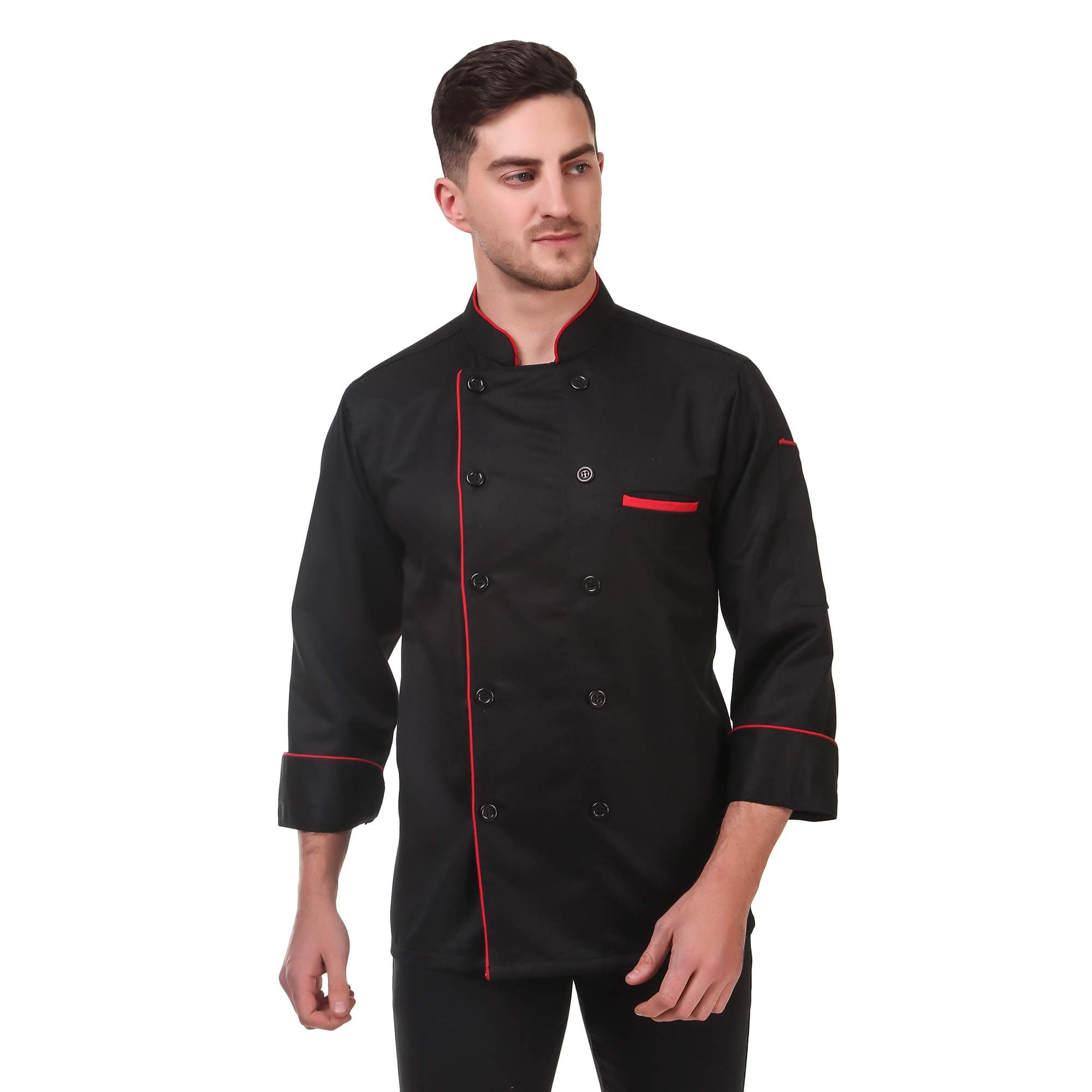 KODENIPR CLUB Men Traditional Black Casual Style Chef Coat Red Piping, Poly/Cotton,Size (X-Large(42))