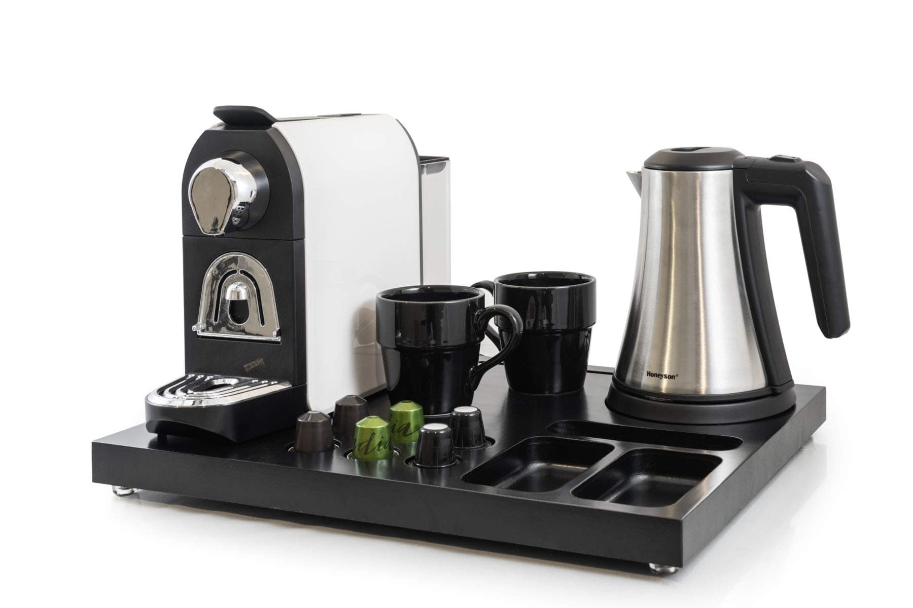 Capsule Coffee Machine Tray Set Includes Kettle 0.8L, Tray, Mugs x2, Nespresso Compatible, Capsule