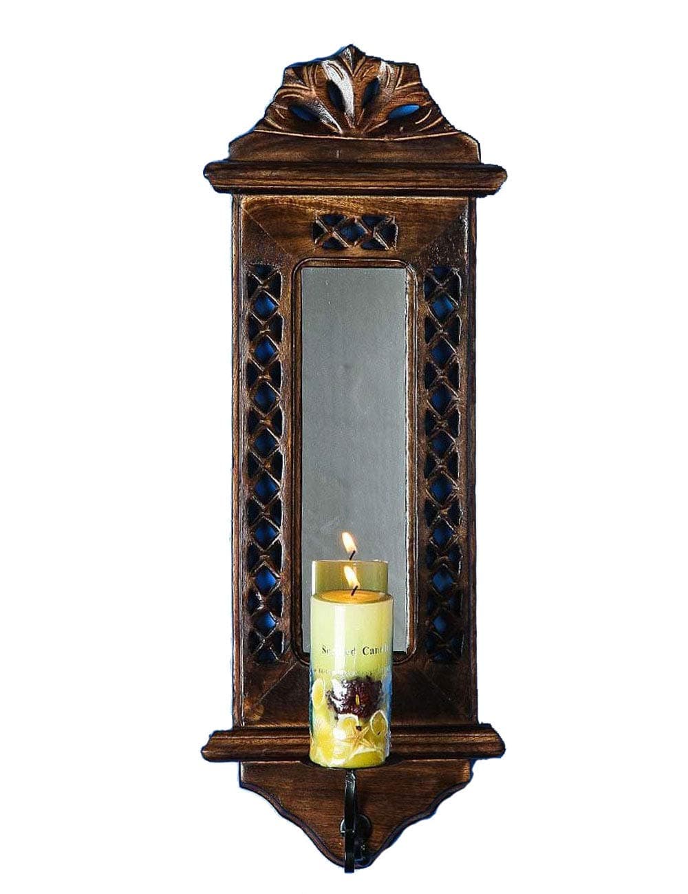 Crafts Collection Store Handcrafted Pillar Candle Stand, Wooden Candle Stand, Candle Holders with Mirror - Gift Item (LXW 19 x 6 Inches) for Living Room & Bedroom