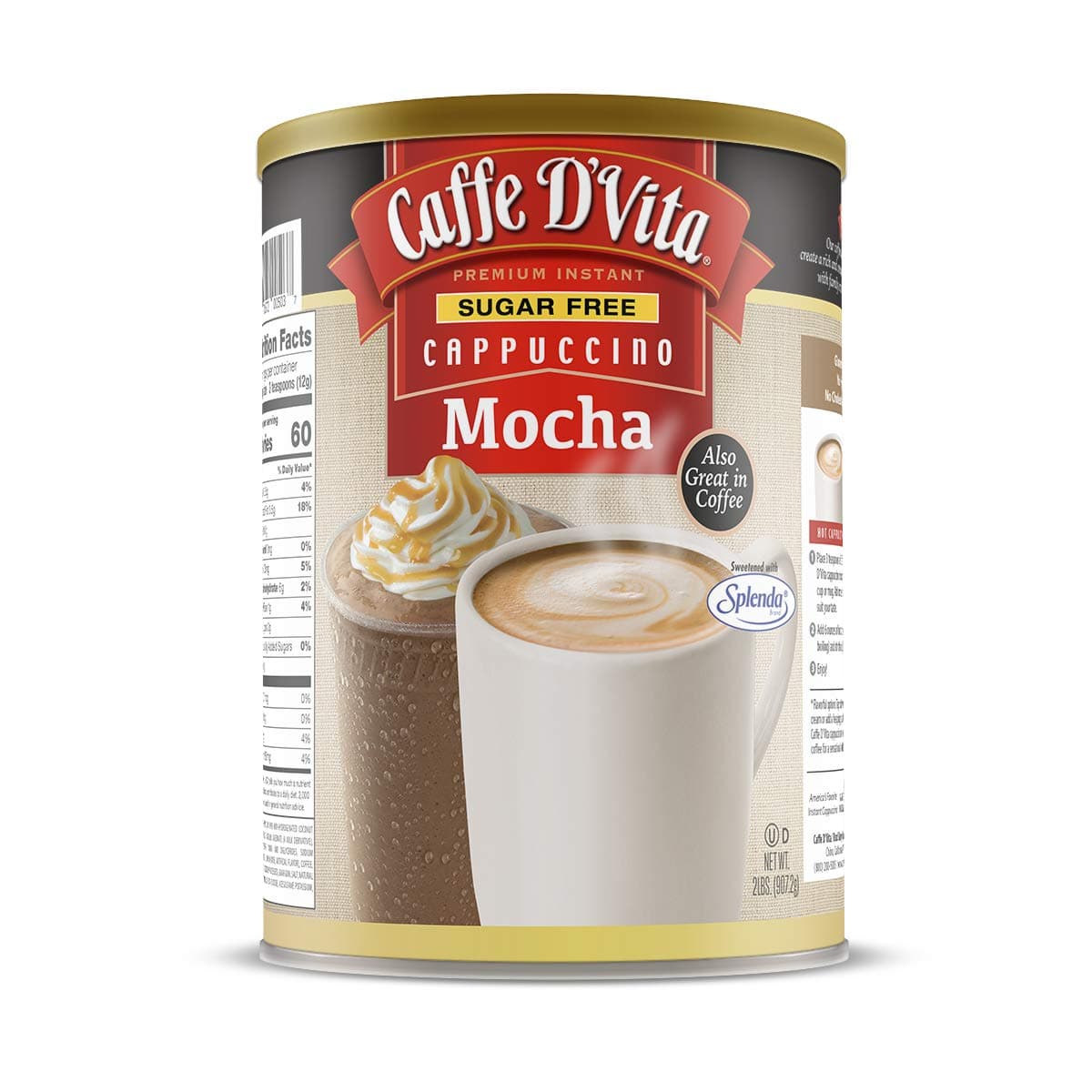 Caffe D'Vita Sugar Free Mocha Cappuccino Mix - Sugar Free Mocha Mix, Gluten Free, No Cholesterol, No Hydrogenated Oils, No Trans Fat, 99% ine Free, Sugar Free Mocha Powder - 2 Lb Can